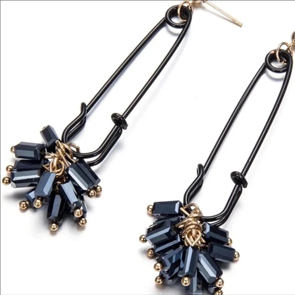 Black Safety Pin Floral Seed Bead Dangle Earrings -NEW